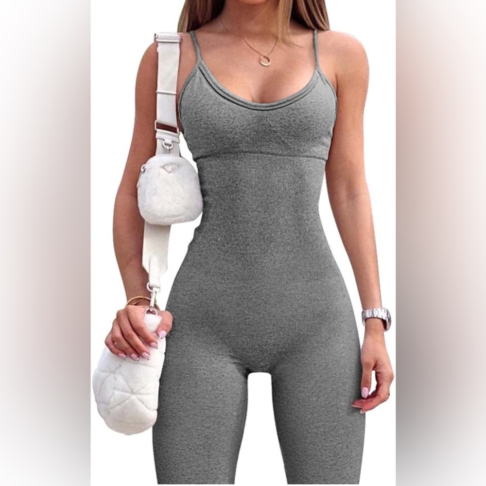One Piece Spaghetti Strap Tummy Control Sports Bra Long JumpSuit - Heather Grey